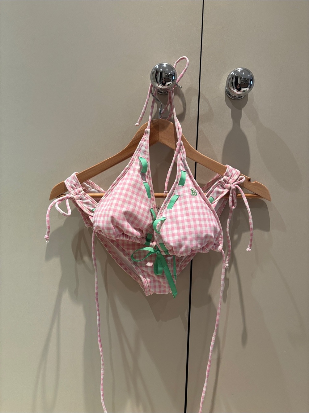Tommy Hilfiger Pink Gingham String Bikini with Green Ribbon Accents Sz L